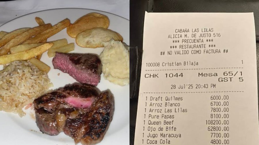 Fue a comer a Cabaña Las Lilas, pidió ojo de bife, chorizo y cerveza: mostró el ticket final